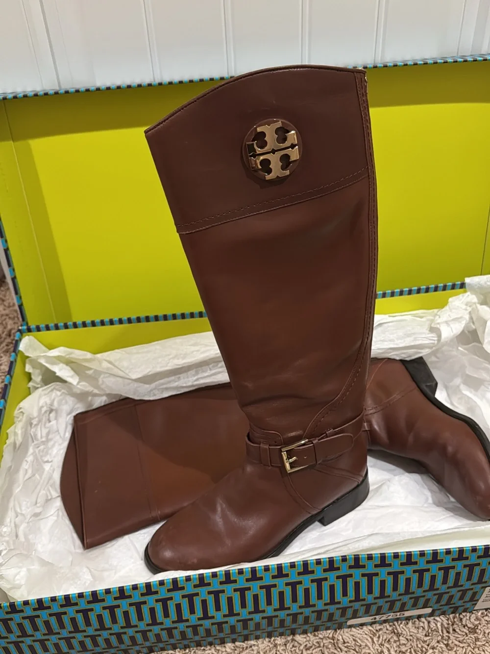 Tory Burch Chestnut Brown Leather Tall Riding Boots with Logo Medallion
